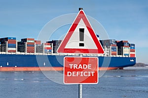 Warning sign with the text `Trade deficit` in front of a huge container ship.