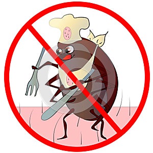 Warning sign without ticks, dressed in a kitchen hat and kitchen knife, with a fork and knife. illustration
