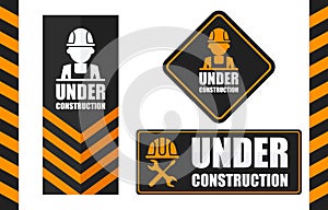 Warning sign under construction set. Black and orange color.