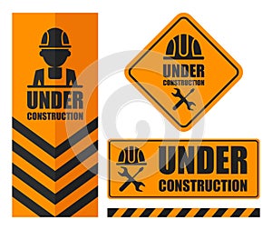 Warning sign under construction set. Orange color. Logo concept.