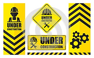 Warning sign under construction set. Yellow color. Logo concept.