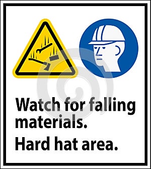 Warning Sign, Watch For Falling Materials, Hard Hat Area