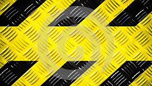 Warning sign yellow and black stripes painted on steel checker plate or diamond plate on floor texture wide banner background