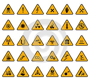 Warning signs. Caution attention warning yellow sign, danger high voltage and biohazard signs triangular vector