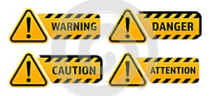 Warning signs with exclamation mark. Warning sign, danger sign, caution sign, attention sign. Vector EPS 10