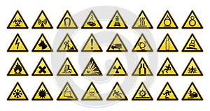 Warning signs large set. Safety in workplace. Yellow triangle with black image. Vector illustration.