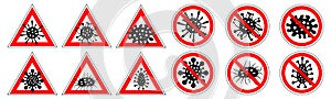 Warning signs and prohibiting signs, set. Cartoon icons of coronavirus COVID-19. Vector illustration