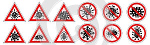 Warning signs and prohibiting signs, set. Cartoon icons of coronavirus COVID-19. Vector illustration photo