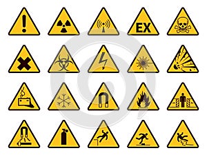 Warning signs. Yellow triangle alerts symbols, attention chemical, flammable and radiation danger, accident exclamation