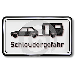 Warning slippery road with the trailer