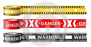 Warning sticky tapes. Realistic mounting film with danger labels, accident place, enclosing menace notification strips photo