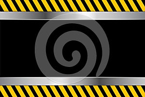 Warning stripe background with metal template. yellow caution stripe background