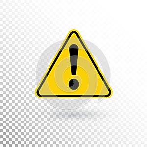 Warning symbol. Attention button. Red exclamation mark in yellow triangle isolated on transparent background. Warning