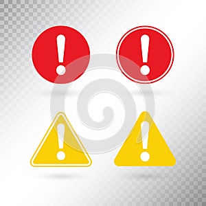 Warning symbol set. Exclamation mark in red circle. Attention button in yellow triangle isolated on transparent