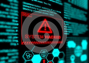 Warning of a system hacked in red. Computer popup box screen warning. Cyber, virus, malware attack concept