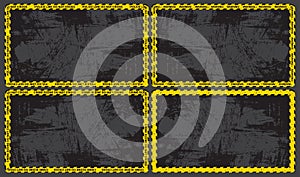 Warning tape border with grunge empty space for text. Black and yellow stripes on ribbon. Great for murder evidence  background