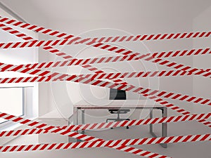 Warning tape in office interior. 3D rendering