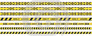 Warning tape vector. lockdown quarantine coronavirus. caution line. covid danger stripe. novel covid outbreak on white background