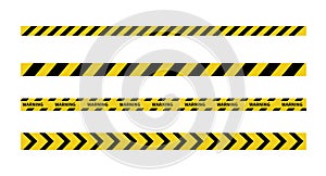 Warning tape on white background. Black and yellow line striped. Caution and danger tapes. Vector illustration