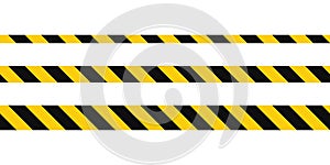 Warning tape with yellow and black diagonal stripes. Warn stop seamless line. Yellow and black caution tape border. Long