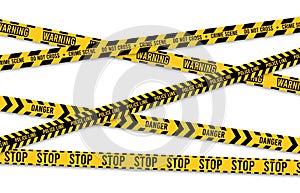 Warning tape. Yellow police crime scene cross stripes, danger zone designation and security border sign, accident