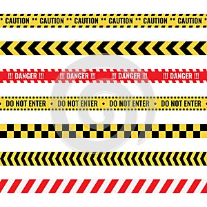 Warning tapes with text, seamless caution lines set