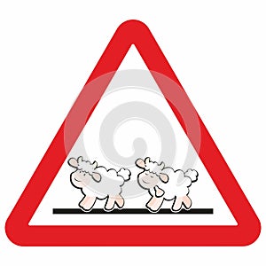 warning traffic sign, increased incidence of sheep, red triangle shape, eps. photo