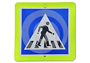 Warning traffic sign, metal reflector pedestrian road sign isolated on white background