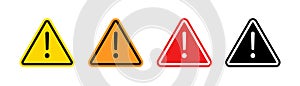 Warning triangle icons set. Caution warn in yellow, orange, red. Warning sign with exclamation mark. Alert warn in triangle. Road