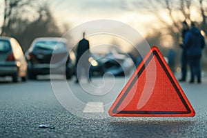 Emergency stop triangle on road with car crash in background photo