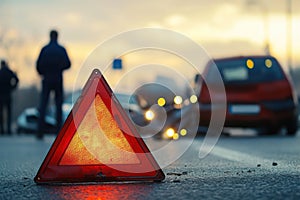 Emergency stop triangle on road with car crash in background photo