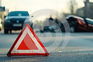 Emergency stop triangle on road with car crash in background photo