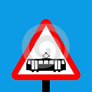 Warning triangle Trams crossing ahead sign