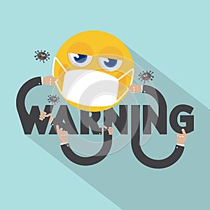 Warning Typography Yellow Emoji Wearing a Medical Mask Design Vector