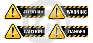 Warning vector signs. Attention sign, warning sign, caution sign, danger sign. Exclamation mark