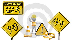 Illustration warning icons, warning scam alert sign in left and right, yellow exclamation point signs