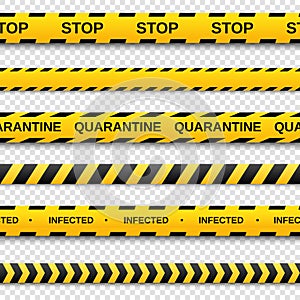 Warning yellow and black seamless tapes on transparent background. Safety fencing ribbon. Vector illustration