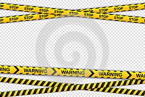 Warning yellow and black tapes on transparent background. Safety fencing ribbons. Vector illustration