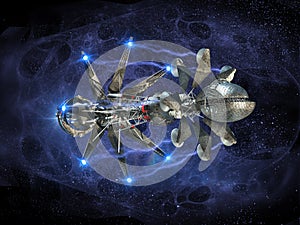 Warp drive spaceship on a star field