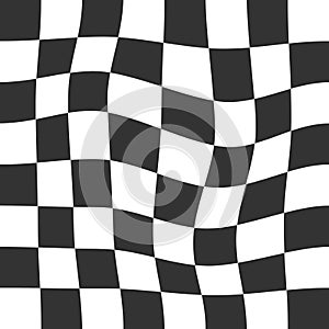 Warped chess board background. Checkered optical illusion. Psychedelic pattern with distorted black and white squares