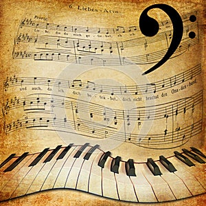 Warped piano and music sheet background photo