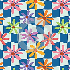 Warped Retro Colorful Flowers on blue and white checkered squares seamless pattern