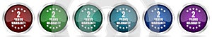 Warranty guarantee 2 year icons, set of silver metallic glossy web buttons in 6 color options isolated on white background