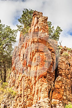 Warren Gorge in the Flinders Ranges,  Yarrah, South Australia a rock formation with vertical red stone layers