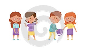 Warring Boy and Girl with Offensive Behavior Insulting Agemate Teasing and Taking Away Backpack Vector Set