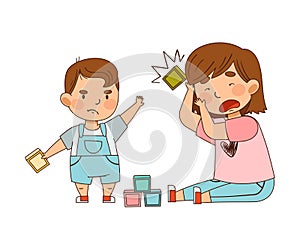 Warring Little Brother Throwing Toy Block to His Sister as Family Relations Vector Illustration