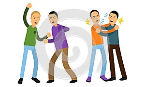 Warring Males Fighting and Yelling at Each Other Vector Illustration Set