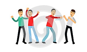 Warring Males Fighting and Yelling at Each Other Vector Illustration Set