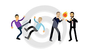 Warring Males Fighting and Yelling at Each Other Vector Illustration Set