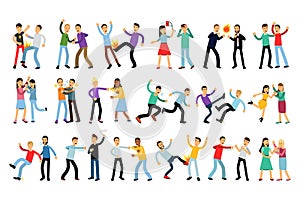 Warring People Character Fighting and Yelling at Each Other Vector Illustration Set